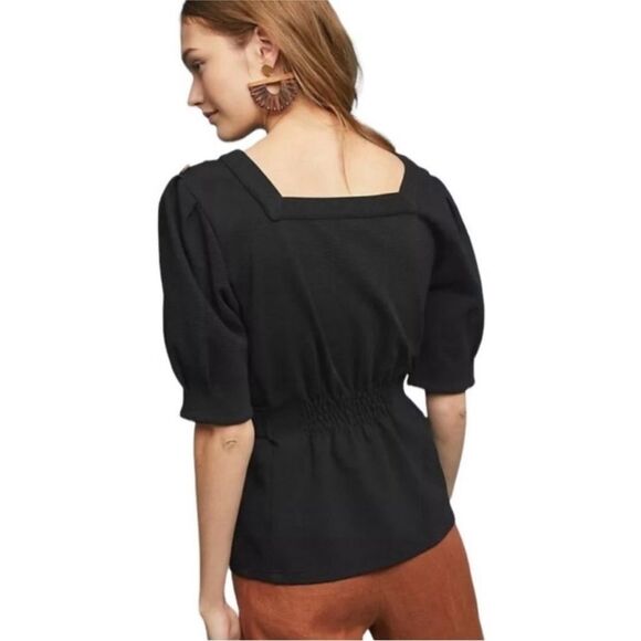 NWT Anthropologie Current Air Black Barnette Puff Sleeved Top Tie - Picture 2 of 5